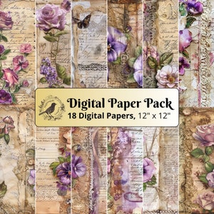 18 papierów Violets and Lace, pakiet papieru cyfrowego 12 x 12, papier Junk Journal, papier do scrapbookingu, papier do druku, wysokiej jakości pliki JPG