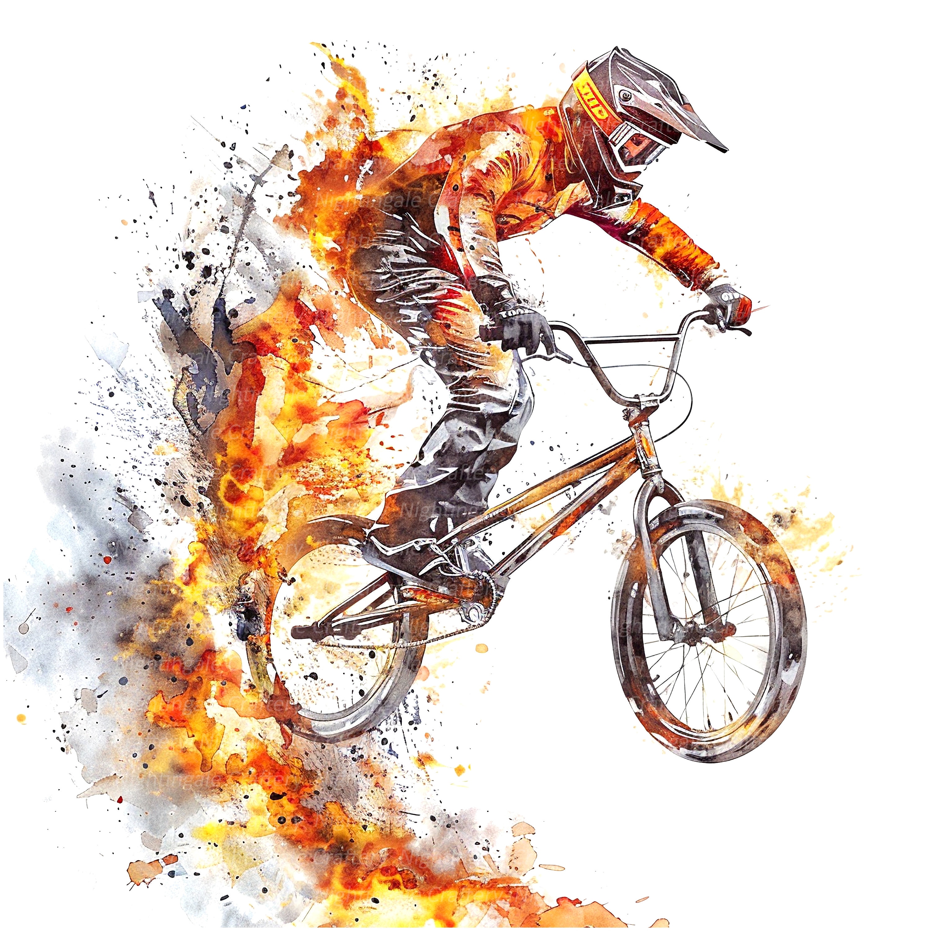 BMXクリップアート10点、BMXレース、炎のBMXバイク、印刷可能な水彩