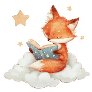 9 Fox Reading Tale Clipart, Fox Nursery Print, clipart acquerello stampabile, JPG di alta qualità, download digitale, artigianato con la carta, diario spazzatura