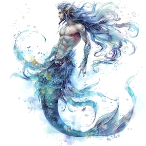 8 Aquarell Meerjungfrau Mann Clipart, Poseidon, druckbare Aquarell Clipart, hochwertige PNG / JPG, digitaler Download, Papiermodell, Junk Journals