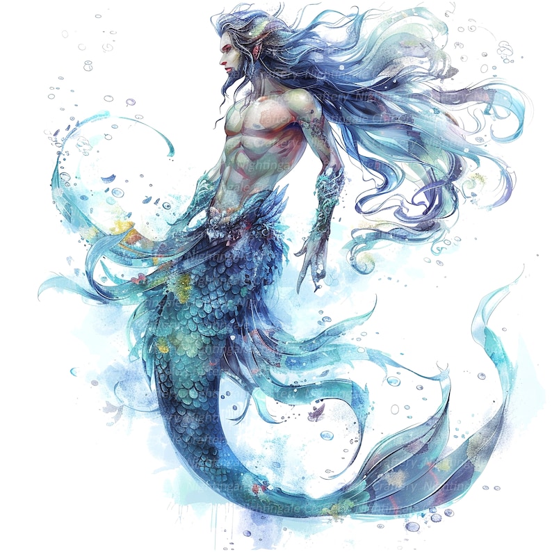 May include: A watercolor painting of a merman with long blue hair and a green and blue fishtail. He has a human-like torso and a beard. The background is a light blue watercolor wash with white bubbles.