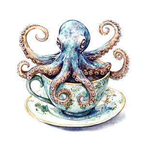 10 Clipart de pieuvre et de tasse de thé, Clipart de pieuvre, clipart aquarelle imprimable, PNG de haute qualité, téléchargement numérique, créations en papier, journal indésirable