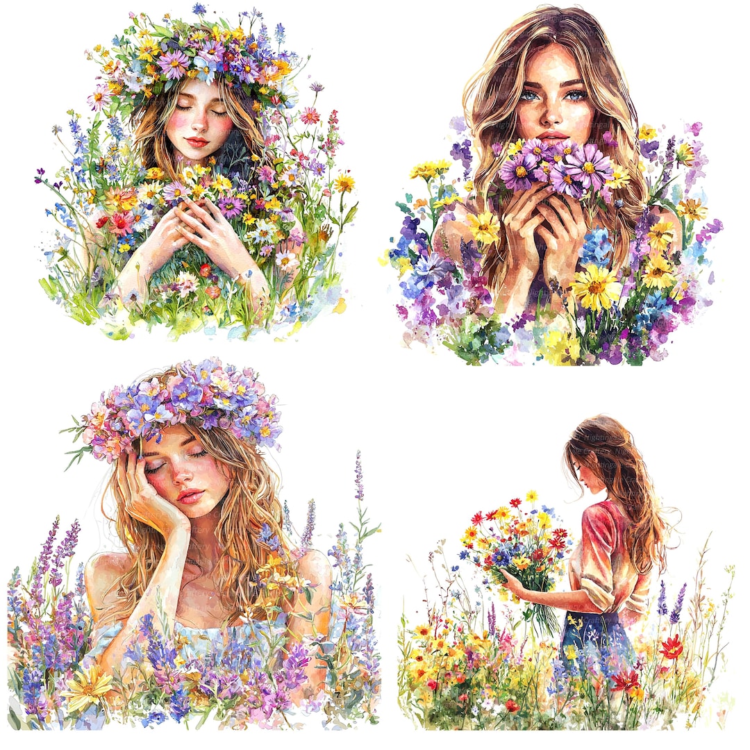 16 Girl in Flowers Clipart, Floral Girl Meadow, Printable Watercolor ...