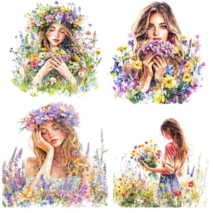 16 meisje in bloemen clipart, Floral Girl Meadow, afdrukbare aquarel clipart, hoge kwaliteit jpg's, digitale download, Paper Craft, junk journal