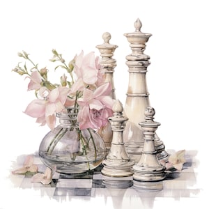 12 Floral Chess Clipart, Vintage Chess, Printable Watercolor clipart, High Quality JPGs, Digital download, High Resolution, Paper craft