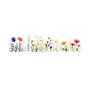 Peut inclure: Peinture &agrave; l'aquarelle d'une rang&eacute;e de fleurs sauvages color&eacute;es, comprenant des fleurs bleues, rouges, jaunes et violettes. Les fleurs sont dispos&eacute;es en ligne sur un fond blanc.