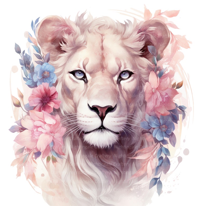 May include: A white lion with blue eyes surrounded by pink and blue flowers. The lion is looking directly at the viewer.