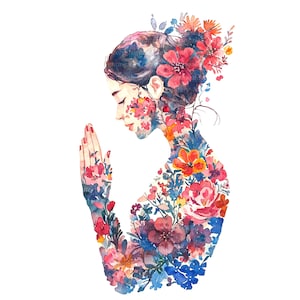 May include: Watercolor illustration of a woman with closed eyes and hands clasped in prayer. The woman's form is filled with colorful flowers in shades of red, pink, blue, and orange, set against a white background. The flowers create a floral silhouette.