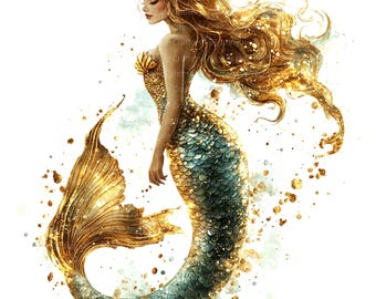 9 Golden Mermaid Clipart, Elegant, Printable Watercolor clipart, High Quality JPGs, Digital download, Paper craft, junk journals
