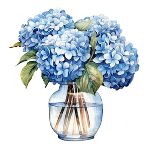 12 Hydrangea in Vase Clipart, Hortensia Azul, Clipart de aquarela para impressão, PNGs de alta qualidade, Download digital, Artesanato em papel, diários de lixo
