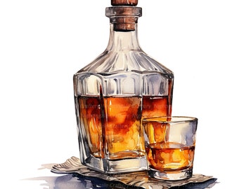 10 Whiskey Bottle Clipart, Whiskey Carafe Clipart, Printable Watercolor clipart, High Quality JPG/PNGs, Digital download, Paper crafts