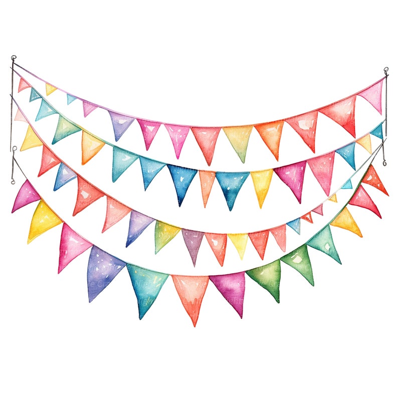 May include: Watercolor illustration of three rows of colorful triangular pennant flags. The flags are in shades of red, orange, yellow, green, blue, and purple. The flags are strung on a thin wire, perfect for party decorations.