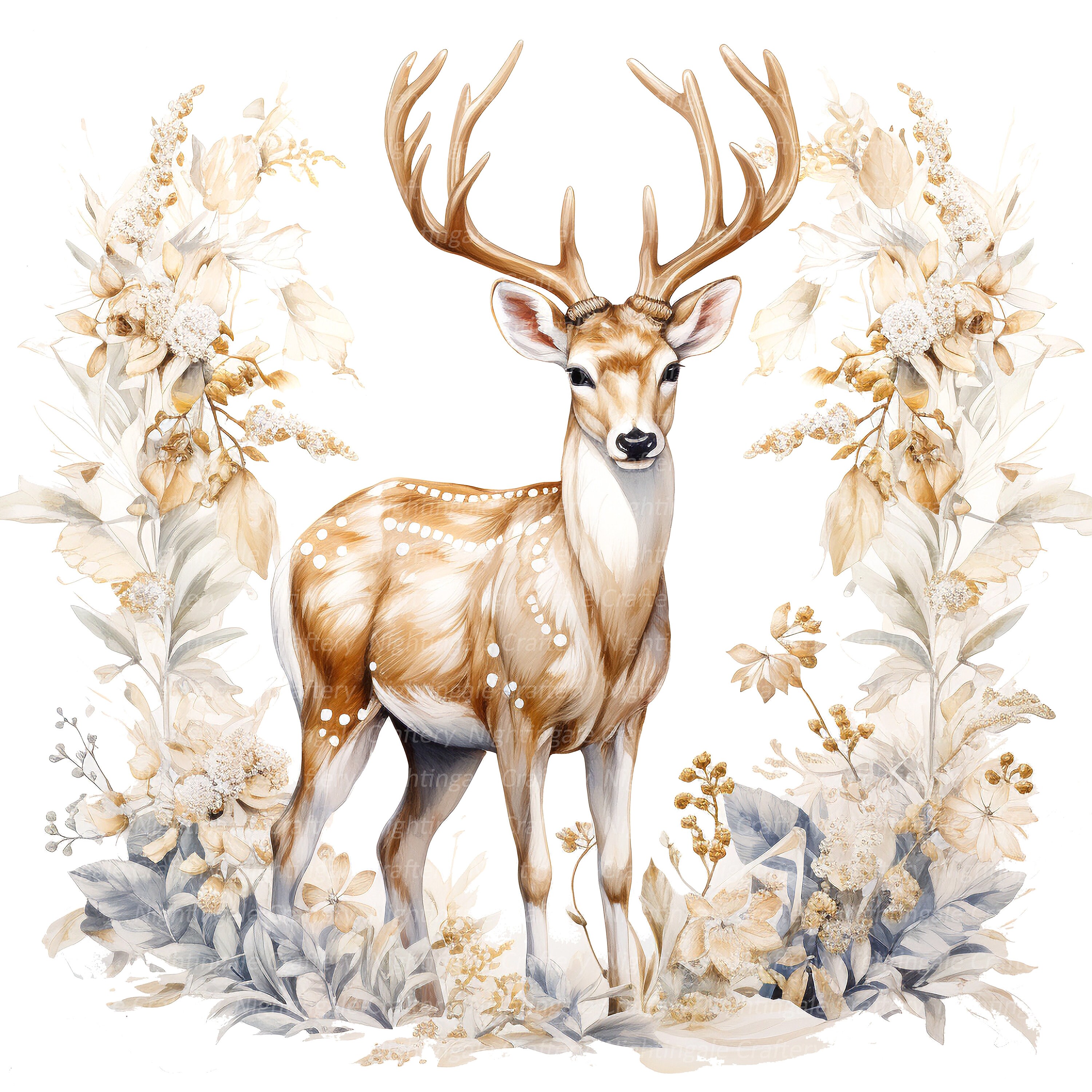 10 Golden Christmas Deer Clipart, Reindeer, Elk, Printable Watercolor ...