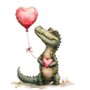 11 Imágenes prediseñadas de globos de cocodrilo, tarjeta de San Valentín, imágenes prediseñadas de acuarela imprimibles, JPG de alta calidad, descarga digital, artesanía en papel, diarios basura