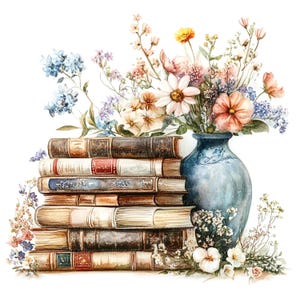 May include: Watercolor illustration of a stack of vintage books next to a blue vase filled with colorful flowers. The books have brown covers with red, blue, and gold accents. The flowers include daisies, roses, and other wildflowers.