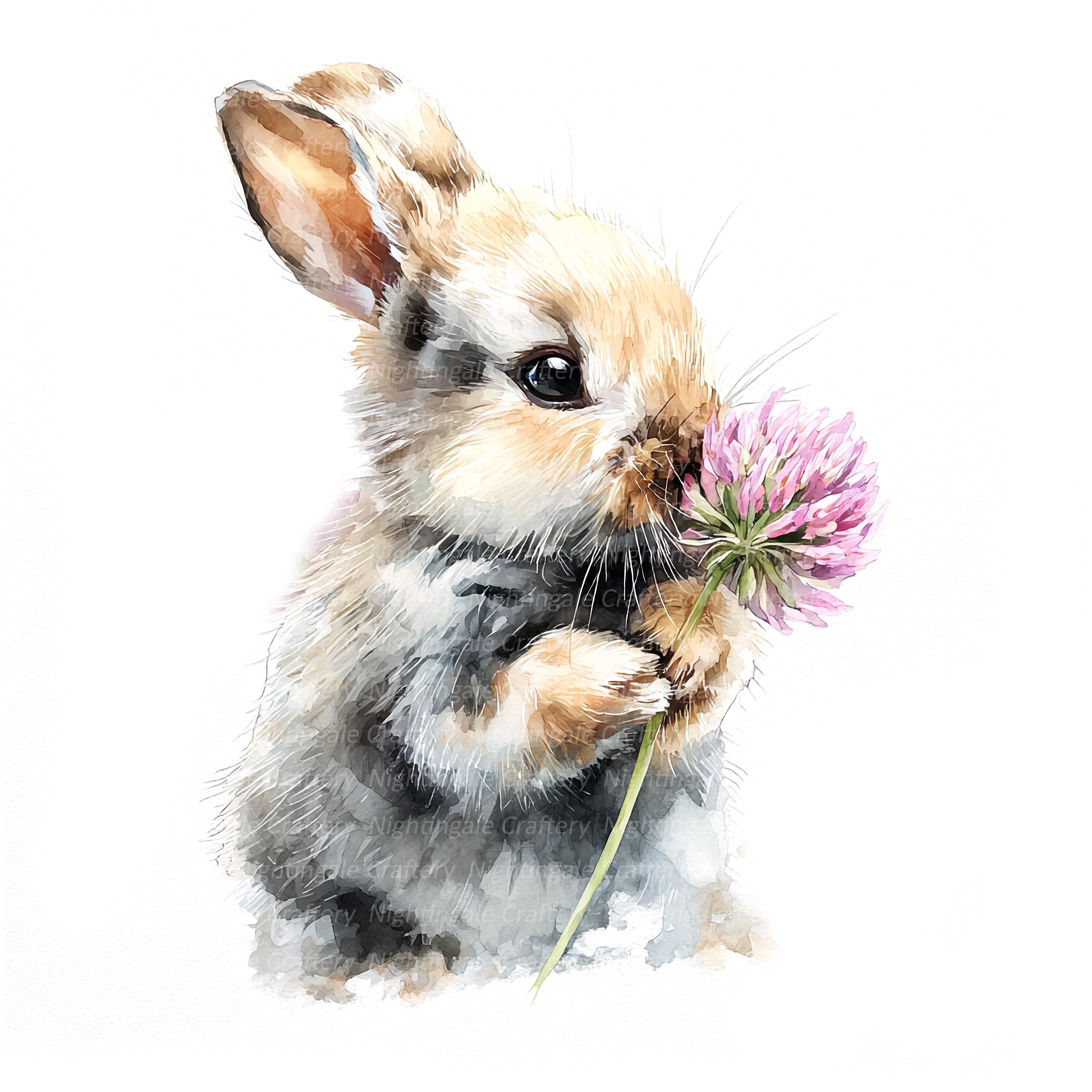 12 Bunny and Flower Clipart, Clover Clipart, Printable Watercolor ...