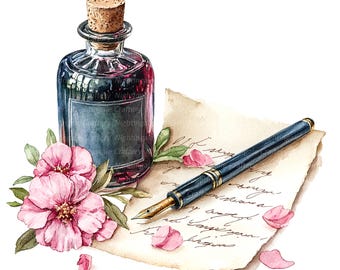 14 imágenes prediseñadas de papel con bolígrafo de tinta, carta romántica, archivos JPG de alta calidad, imágenes prediseñadas de acuarela imprimibles, descarga digital, manualidades de papel, diarios basura
