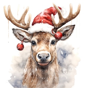 12 Deer With Santa Hat Clipart, Reindeer, Fawn, Printable Watercolor ...