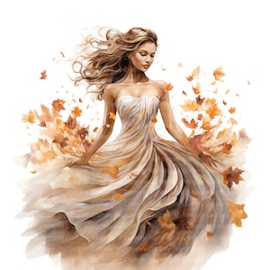 12 Mujer en imágenes prediseñadas de otoño, vestido de otoño, imágenes prediseñadas de acuarela imprimibles, JPG de alta calidad, descarga digital, artesanía de papel, diario basura
