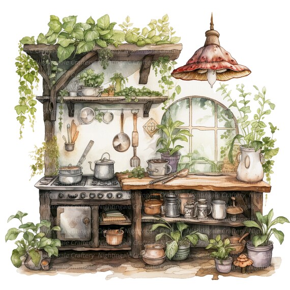 12 Fairy Kitchen Clipart, Printable Watercolor clipart, 12 High Quality JPGs, Digital download, High Resolution, Paper craft, junk journals
