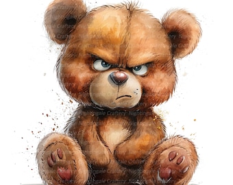 11 Grumpy Teddy Bear Clipart, Teddybär-Druck, druckbare Aquarell Clipart, hochwertige JPGs, digitaler Download, Papiermodell, Junk Journal