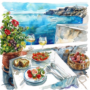 12 Clipart di cibo greco, Santorini Cafe, Grecia, clipart acquerello stampabile, JPG di alta qualità, download digitale, artigianato di carta, diario spazzatura