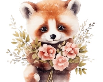 8 Rote Pandas mit Blumen Cliparts, druckbare Aquarell-Cliparts, hochauflösende JPGs, digitaler Download, Papierbasteln, Junk Journals