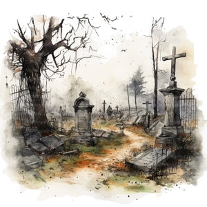 10 Imágenes prediseñadas de cementerio abandonado, Imágenes prediseñadas de acuarela imprimibles, JPG de alta calidad, Descarga digital, Alta resolución, Artesanía en papel, Diario basura