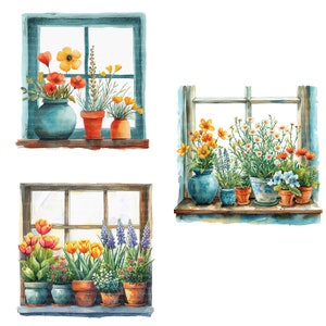 14 Spring Flowers Window Clipart, Flowerpots, Printable Watercolor ...