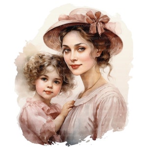 12 cliparts victorien maman et fille, clipart aquarelle imprimable, PNG de haute qualité, téléchargement numérique, créations en papier, journal indésirable