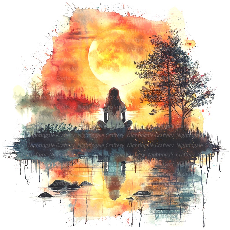 Puede incluir: Pintura a la acuarela de una persona sentada junto a un lago al atardecer. La escena presenta un sol grande y brillante, un &aacute;rbol silueteado y reflejos en el agua. La paleta de colores incluye naranjas, rojos y amarillos c&aacute;lidos.