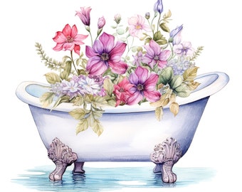 12 Floral Bathtub Clipart, Floral Bath, Digital Clipart, Printable Watercolor clipart, Digital download, Paper craft, Junk journal