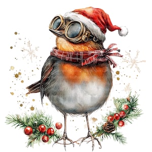 10 cliparts Steampunk Christmas Robin, carte de Noël, clipart aquarelle imprimable, fichiers JPG de haute qualité, téléchargement numérique, créations en papier
