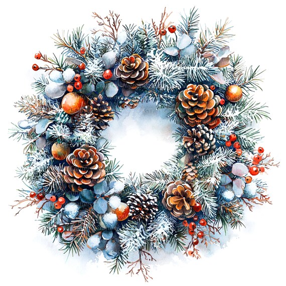 15 Various Christmas Wreath Clipart, Christmas Card, Watercolor