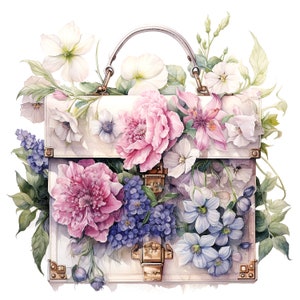 May include: A white leather handbag with gold hardware is decorated with a variety of flowers, including pink peonies, white roses, and blue hydrangeas.