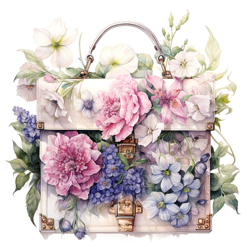 May include: A white leather handbag with gold hardware is decorated with a variety of flowers, including pink peonies, white roses, and blue hydrangeas.
