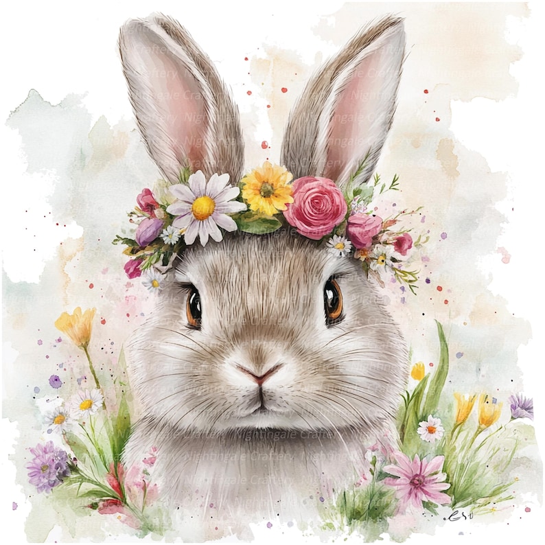 May include: A watercolor painting of a cute bunny rabbit wearing a flower crown. The bunny has soft, gray fur and big, brown eyes. The flower crown is made of pink, white, and yellow flowers. The background is a soft, watercolor wash of blue and pink.