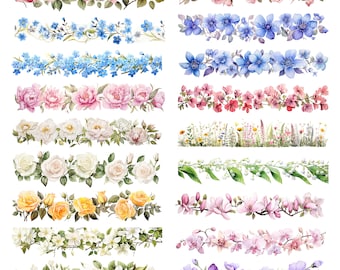 Op de afbeelding: Een set van 12 aquarelbloemranden met verschillende bloemen, waaronder rozen, vergeet-me-nietjes, pioenen, lelietjes-van-dalen, orchideeën en meer. De randen zijn perfect om elke project een vleugje elegantie en schoonheid te geven.