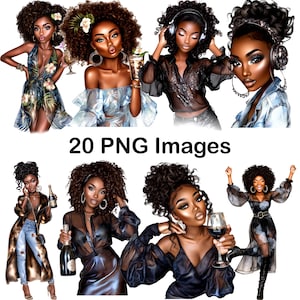 20 PNG Party Black Girl Clipart, Afro American Girl, Party Clipart, Printable Watercolor clipart, Digital download, Paper craft, journals
