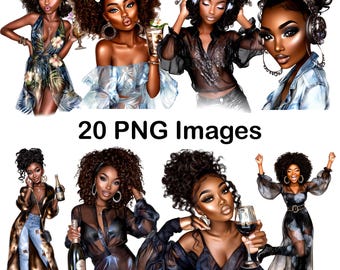 20 PNG Party Black Girl Clipart, Afro American Girl, Party Clipart, Printable Watercolor clipart, Digital download, Paper craft, journals