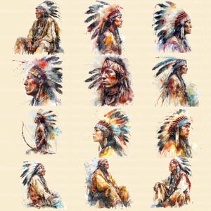 K&ouml;nnte beinhalten: Aquarellportr&auml;ts von indigenen amerikanischen Figuren mit traditionellen Kopfbedeckungen. Die Bilder zeigen verschiedene Posen und Winkel und heben die komplizierten Details der Kopfbedeckungen und Kleidung hervor. Die Farbpalette umfasst Erdt&ouml;ne und lebendige Akzente.