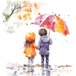 8 imágenes prediseñadas de pareja de niños, pareja en otoño, amigos, imágenes prediseñadas de acuarela imprimibles, archivos JPG de alta calidad, descarga digital, manualidades de papel, diario