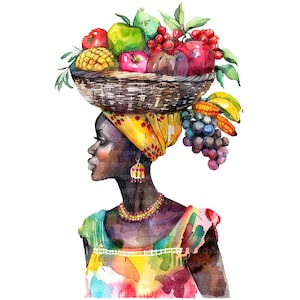 10 Clipart di donne africane, Clipart di frutta, Clipart di acquerelli stampabili, JPG/PNG di alta qualità, Download digitale, Carta artigianale, diario
