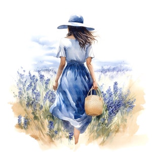 10 vrouw in korenbloemen veld clipart, afdrukbare aquarel clipart, hoge kwaliteit jpg's, digitale download, papier ambacht, junk journal
