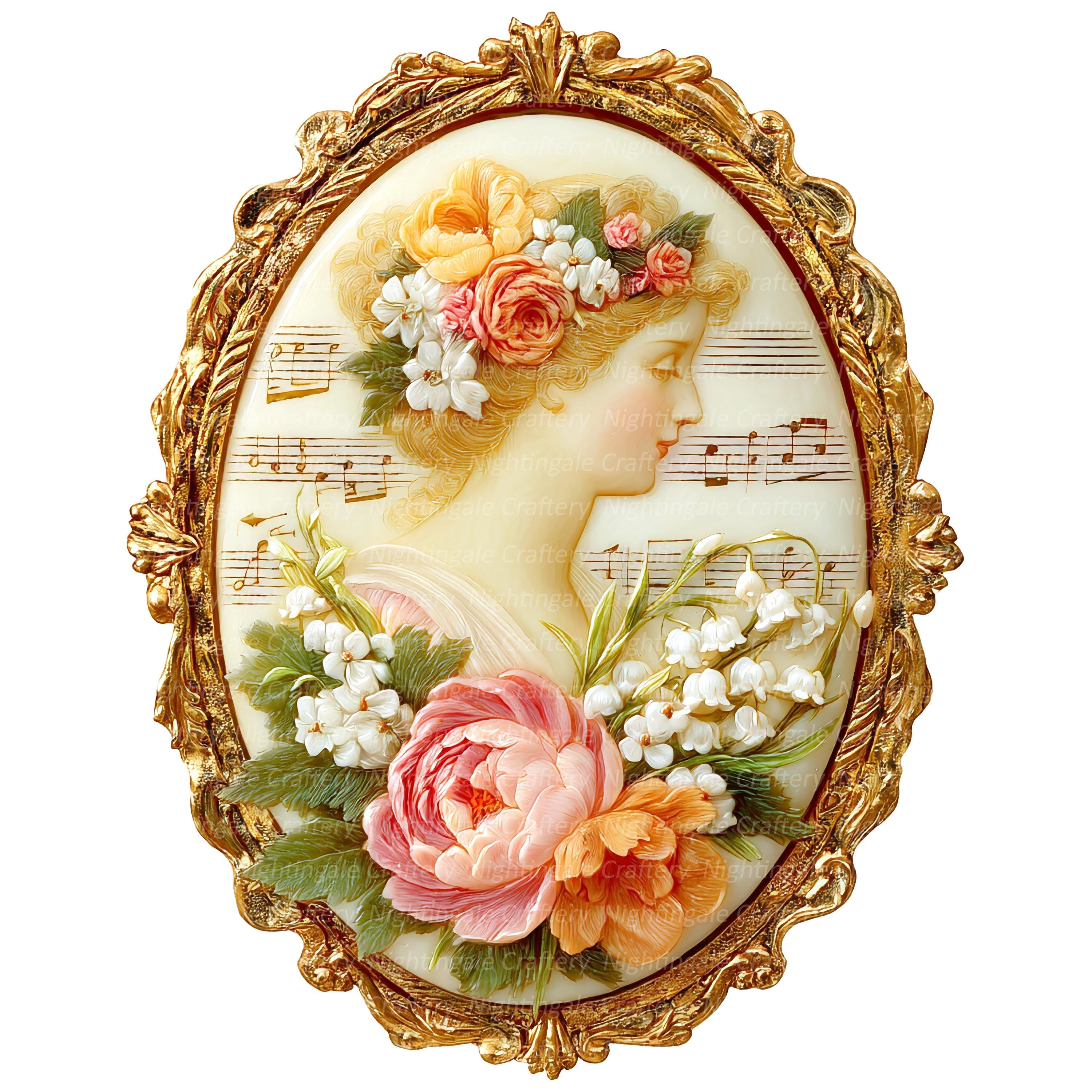 14 Victorian Cameo Clipart, Floral Brooch Digital Clipart