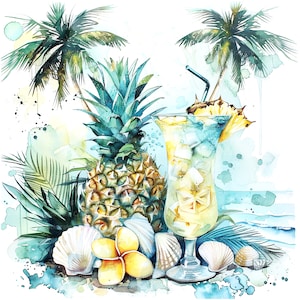 8 Clipart collage di cocktail da spiaggia, clipart tropicale, clipart acquerello stampabile, JPG di alta qualità, download digitale, artigianato di carta