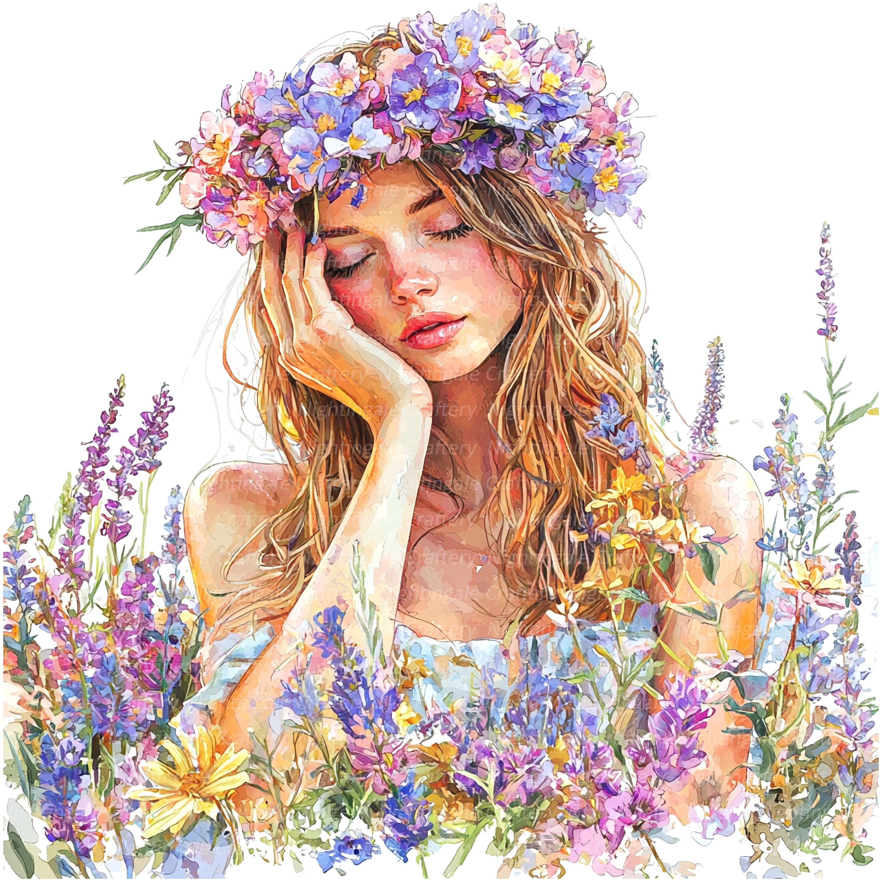 16 Girl in Flowers Clipart, Floral Girl Meadow, Printable Watercolor ...