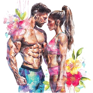 9 Floral Fitness Couple Clipart, Fitness Clipart, Printable Watercolor clipart, High Quality JPGs, Digital download, Paper craft, journaling