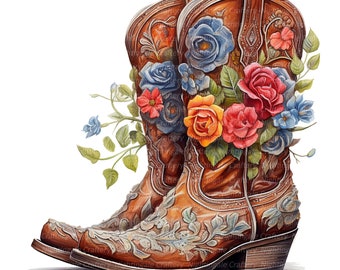 9 Floral Cowgirl Boots Clipart, Shabby Chic, Printable Watercolor clipart, High Quality JPGs, Digital download, Paper craft, junk journals