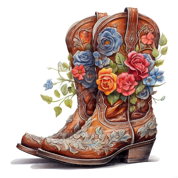 9 Floral Cowgirl Boots Clipart, Shabby Chic, Printable Watercolor clipart, High Quality JPGs, Digital download, Paper craft, junk journals